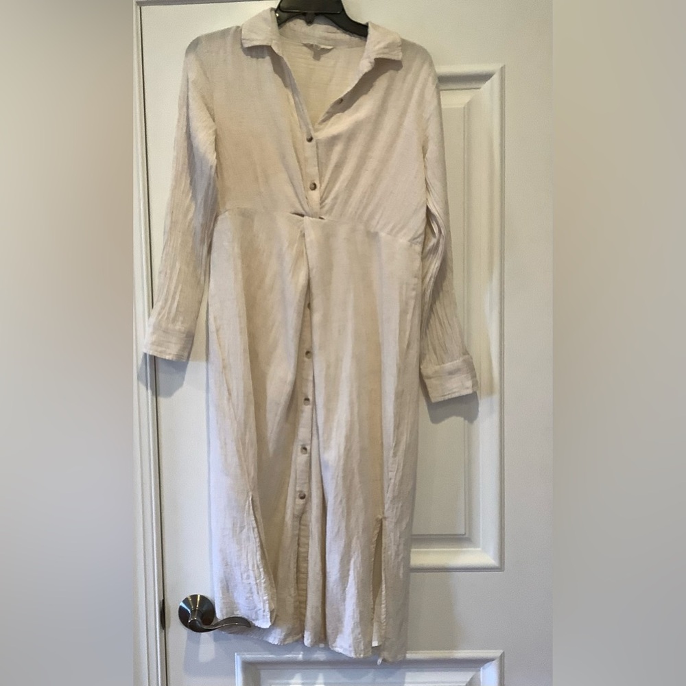 Sim & Sam Linen Blend Maxi Dress Size Large Cream Long Sleeves Button Front